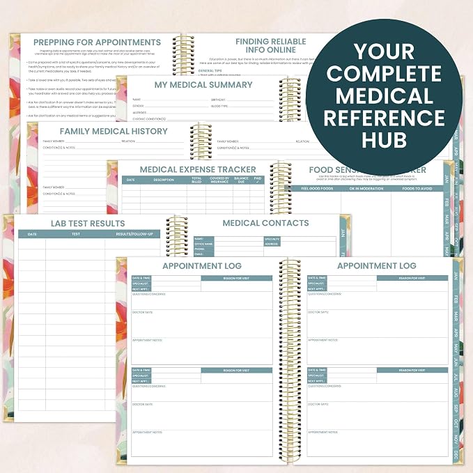 bloom daily planners Undated Chronic Illness Planner & Medical Journal - 12 Month Pain & Symptom Tracker, Mood & Medication Log, Appointment Organizer (7” x 9”) - Brushstroke Blooms
