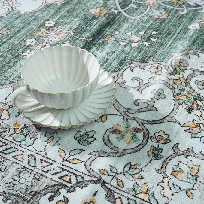 3x20 Washable Hallway Runner Rug:Oriental Indoor Kitchen Rugs Vintage Door Mat Non Slip with Rubber Backing Low Pile Thin Carpet for Bedroom Bathroom Living Room Bedside (3x20 Green/Beige)