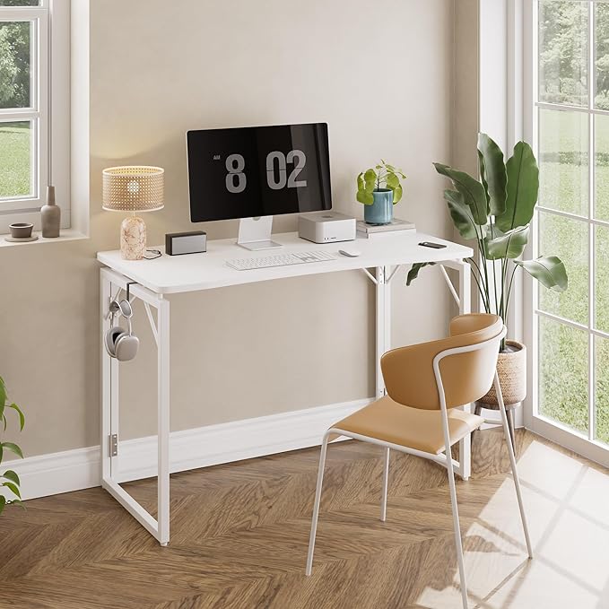 JOYMOOP White Folding Desk - 40", No Assembly Middle Size Foldable Desk for Home, Office, Wooden Top Folding Computer Desk for Working, Writing, Studying