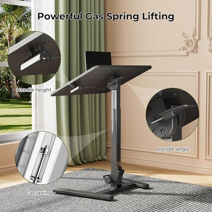 Gibbon Mounts Foldable Standing Desk，Small Mobile Sit-Stand Desk with 90 Tiltable Top，Rolling Rising Laptop Workstation Adjustable Height，Portable Table on Hidden Wheels/4 Lockable Casters，Black