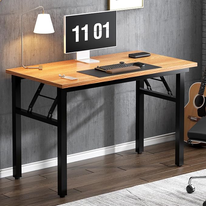 SDHYL 39 inches No Assembly Foldable Computer Desk, Modern Portable Laptop Workstation for Small Spaces with Adjustable Leg Pads, Simple Study and Writing Table for Home Office, Teak & Black