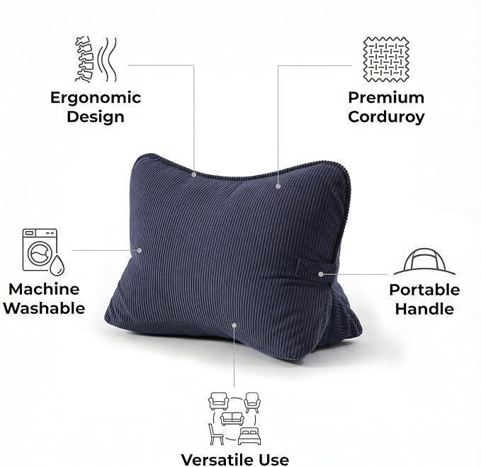 Pat. Pend. Corduroy Wedge Pillow with Lumbar Support, Triangle Cushion for Sofa, Couch, Bed or Recliner, Reading Pillow for Sitting & Relaxing, Navy Blue