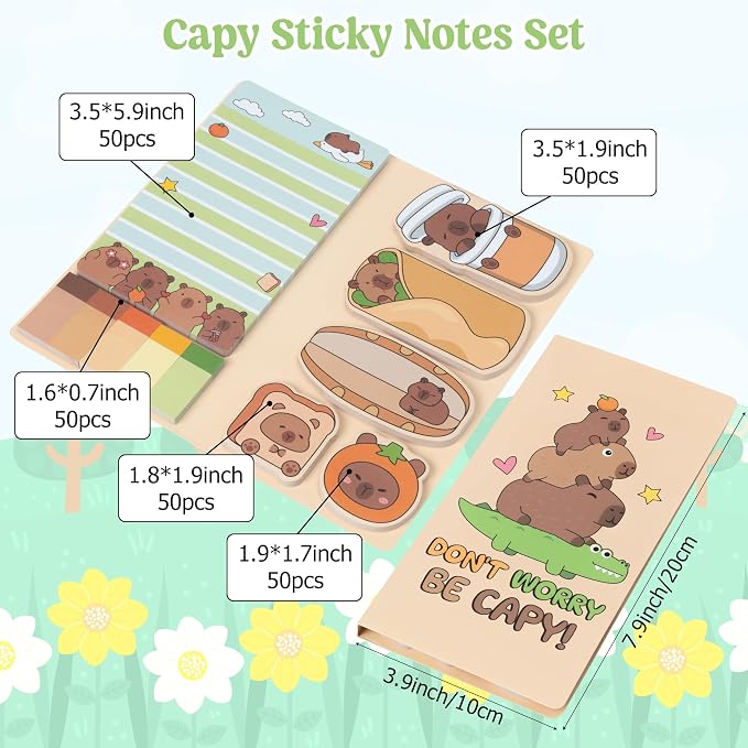B1ykin Cute Sticky Notes Set - Don’t Worry Be Capy Capy Shaped Self-Stick Notes Pad, 550 Sheets Writing Memo Pages Sticky Notepad for Teacher Appreciation Gifts School Office (Funny Capy)