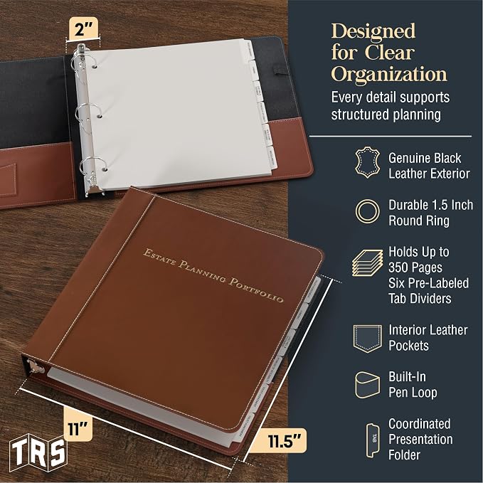 Estate Planning Leather Organizer Binder – Genuine Leather Estate Planning Portfolio, 3 Ring Round Ring Trust Binder with Tabs & Folder for Wills, Insurance & Legal Documents – Brown Leather