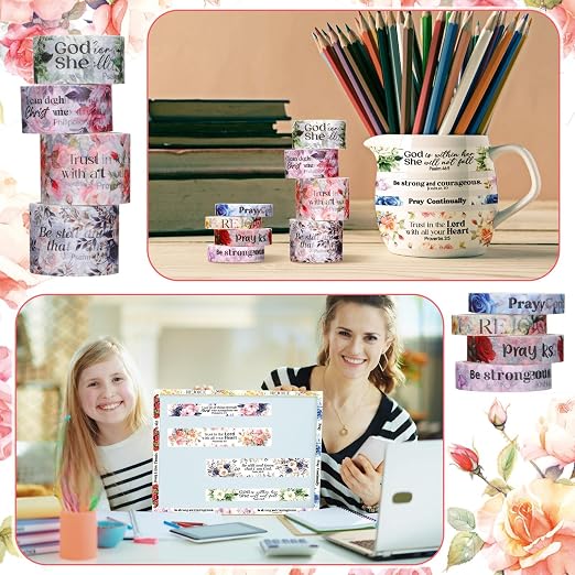 24 Rolls Back to School Christian Washi Tape Gifts Bulk Graduation VBS Religious Scripture Watercolor Flowers Bible Verse Washi Tape for Bible Journaling Crafting Students Study Stationery