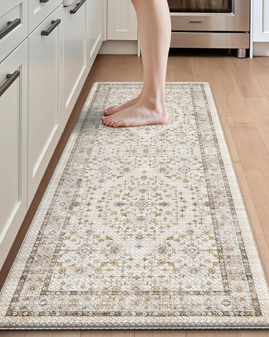 DEXI Kitchen Floor Mats Cushioned Anti Fatigue, 23x59 Long Wide Standing Comfort Runner Rug, Waterproof Retro Floral Memory Foam Padded for Front Sink Laundry, Beige/Ivory