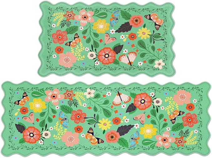 Scalloped Green Kitchen Mats for Floor 2PC Cushioned Anti Fatigue Kitchen Mats Rugs Waterproof Non Slip Farmhouse Boho Floral Comfort Foam Standing Mat for Sink Laundry
