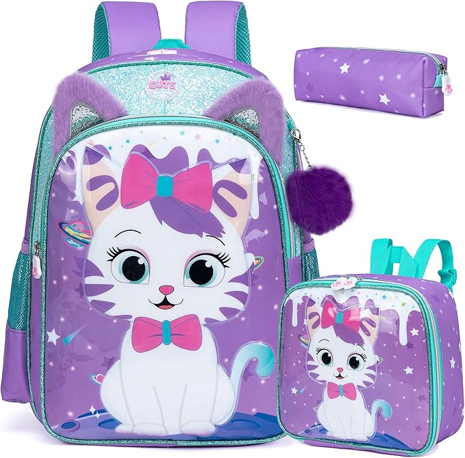 Backpack for School Backpacks for Girls Backpack with Lunch Box Cute Schoolbag for Kids School Supplies for Kids Cute Cat School Bag for Girls