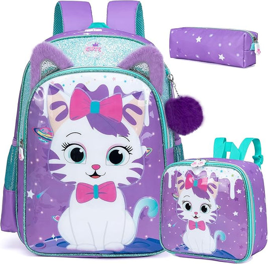 Backpack for School Backpacks for Girls Backpack with Lunch Box Cute Schoolbag for Kids School Supplies for Kids Cute Cat School Bag for Girls