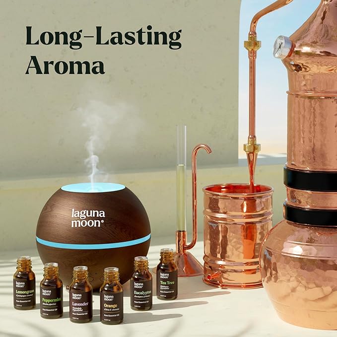 Lagunamoon Essential Oils Aromatherapy Set - 6 Oils for Diffusers, Home Care, Candle Making Scents, Fragrance, Humidifiers, Gifts - Peppermint, Tea Tree, Lavender, Eucalyptus, Orange (10mL)