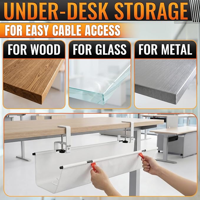 Under Desk Cable Management Tray 28" — No Drill Clamp-On Cord Organizer for Desk with Built-in Ties, Heavy Duty Metal Clamp, Foldable 600D Oxford Fabric for Home Office, WFH & Gaming PC Setup (White)