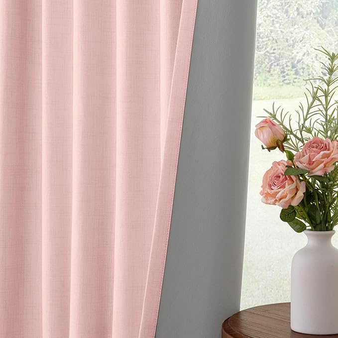 INOVADAY 100% Blackout Curtains for Bedroom, Black Out Curtains 96 Inch Long, Clip Rings Linen Blackout Drapes, Thermal Insulated Room Darkening for Living Room, 2 Panels - Baby Pink,W50xL96