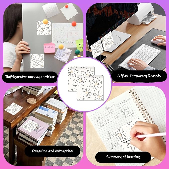 Sticky Notes 3x3 Inches, 2 Pads Cute Colorful Self-Stick Note Pads, Easy to Post for Home, Office and Daily Life Organization Beige Base Daisy