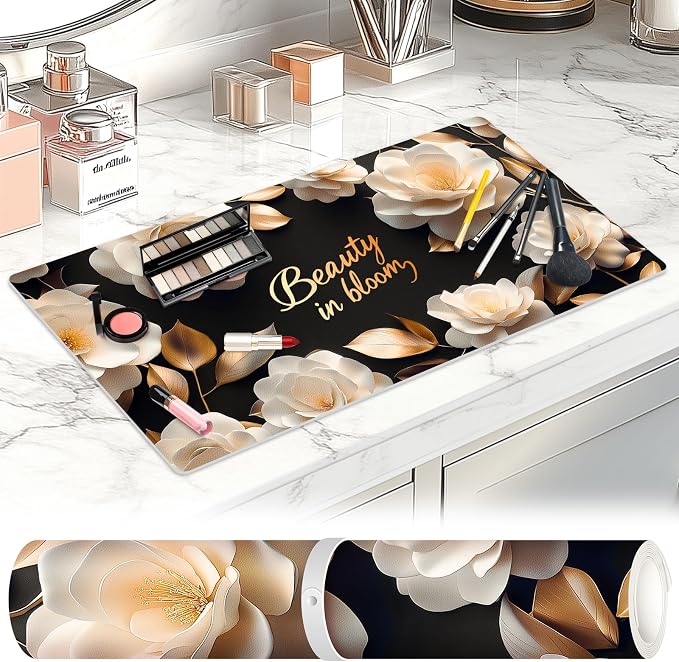 Dual-Sided Synthetic Leather Decorative Makeup Mat for Crafting, Furniture Protection, Scratch & Stain Resistant Surface Desk Pad, Waterproof Easy to Clean Vanity Protector (White Camellia)