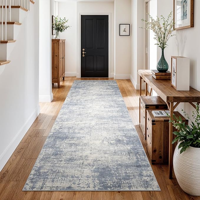 3x10 Hallway Washable Runner Rug - Non-Slip Kitchen Rugs with Rubber Backing Abstract Neutral Low-Pile Carpet Runners for Laundry Room Home Decor Bedroom Bathroom Entryway (Blue Gray,3x10)