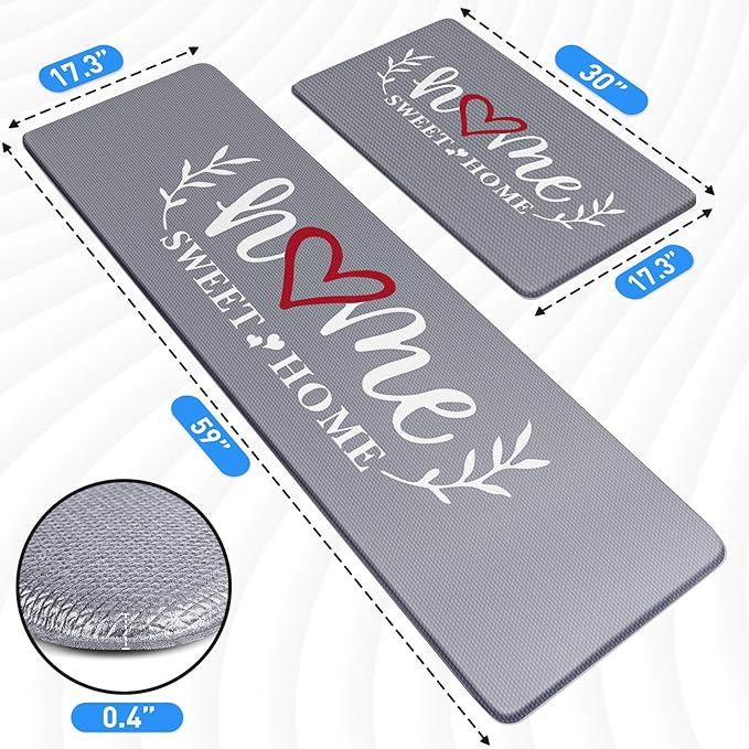 HappyTrends Kitchen Mat for Floor, 2PCS Cushioned Anti-Fatigue Kitchen Rugs, Waterproof Non-Slip Standing Mats and Rugs Set for Kitchen, Office, Laundry, Black, 17.3"×30"+17.3"×59"