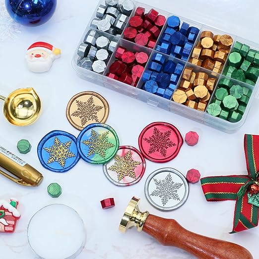 SWANGSA Snowflake Wax Seal Stamp Kit with 200pcs Sealing Wax Beads and Pen, Great for Embellishment of Christmas Cards, Invitations, Wine Packages, Gift Ideas