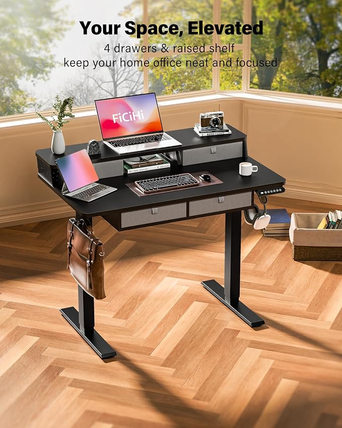 FiCiHi 40x24 Inch Electric Standing Desk, 4 Drawers, Adjustable Height Desk | Small Sit Stand Computer Desks, C-Clamp Compatible Home Office Desk with Monitor Stand, Cable Management, 3 Preset Heights
