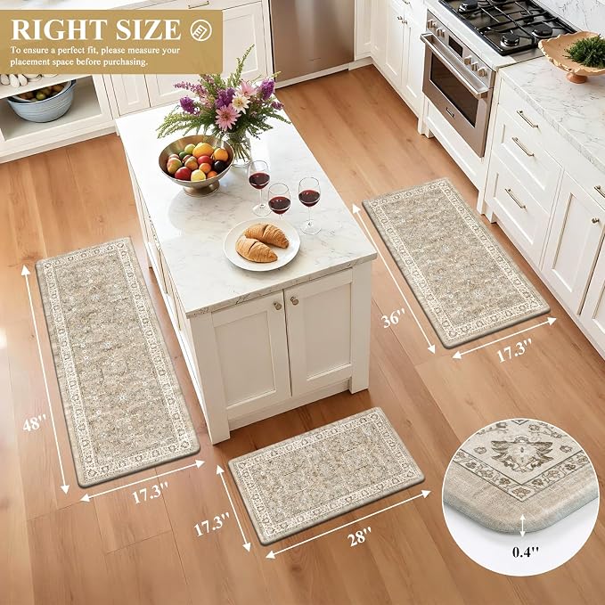 Pauwer Anti Fatigue Kitchen Floor Mats Set of 3, Cushioned Rug, Light Brown | Non Slip Comfort Standing Mat, PVC Foam Padded Kitchen Rugs, Waterproof Sink Rug for Small Kitchen Area, Laundry Room