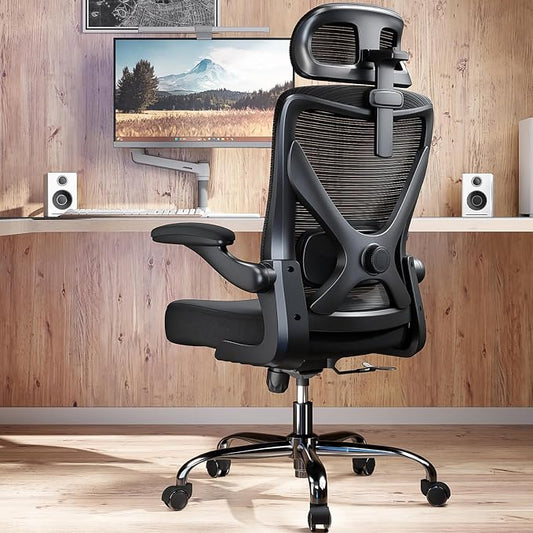 Ergonomic Office Chair: Mesh Desk Chair Comfy with Headrest& Lumbar Support | Ergalithic Big and Tall Office Chairs with Wheels & Flip-Up Arms-Computer Gaming Chairs for Adults Home Office (Full Black)