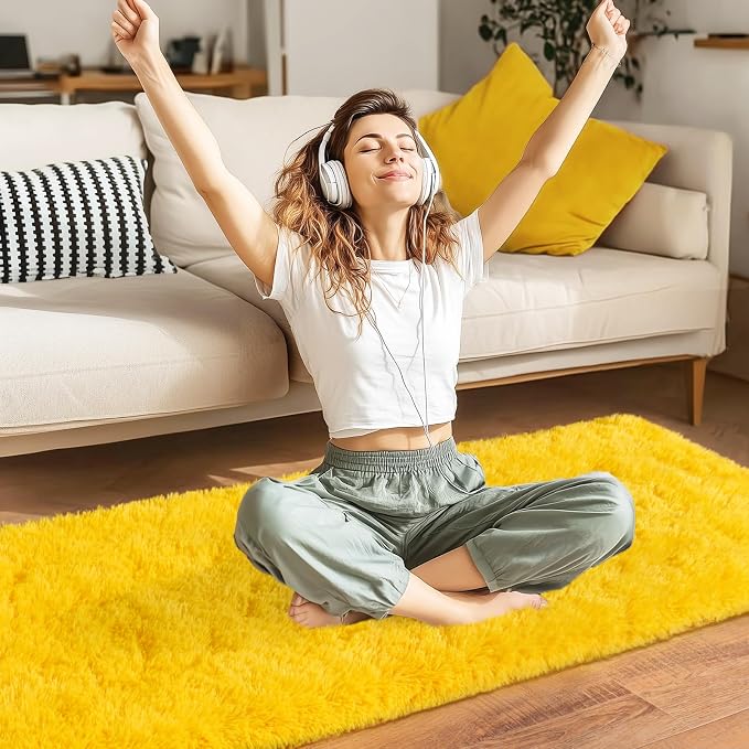 Fluffy Soft Runner Rug for Bedroom Hallways, 2x6 Area Rugs for Living Room, Modern Shaggy Carpets Fuzzy Rug for Boys Girls Dorm Nursery Home Decor Aesthetic, Upgrade Non-Slip Durable, Yellow
