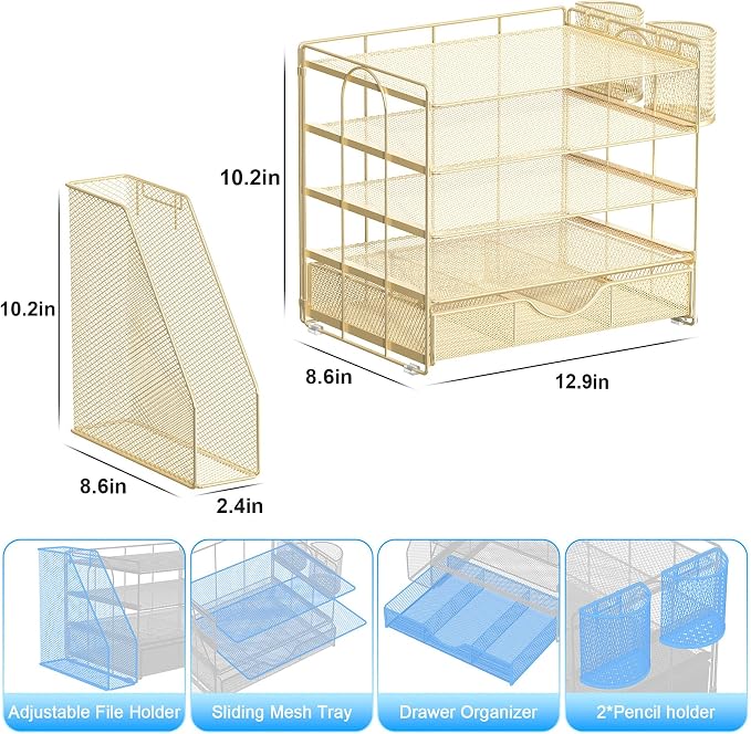 gianotter 5-Tier Desk Organizer with Drawers and File Holders | Letter Trays and Pen Holders - Workspace Accessories for Office Supplies (Gold)
