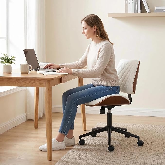 Furnimart Wooden Armless Desk Chair with Wheels, 360° Swivel Faux Leather Vanity Chair for Bedroom, Small Office Computer Task Chair for Home & Compact Spaces (PU White)