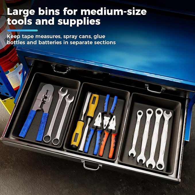 6 Large Tool Box Organizer Trays with EVA Non-Slip Pads, L-Size Desk Drawer Organizer Bins for Garage Tools, Toolbox Storage Trays for Rolling Tool Chest, Desk, Kitchen and Cabinet (L_6PCS_Black)