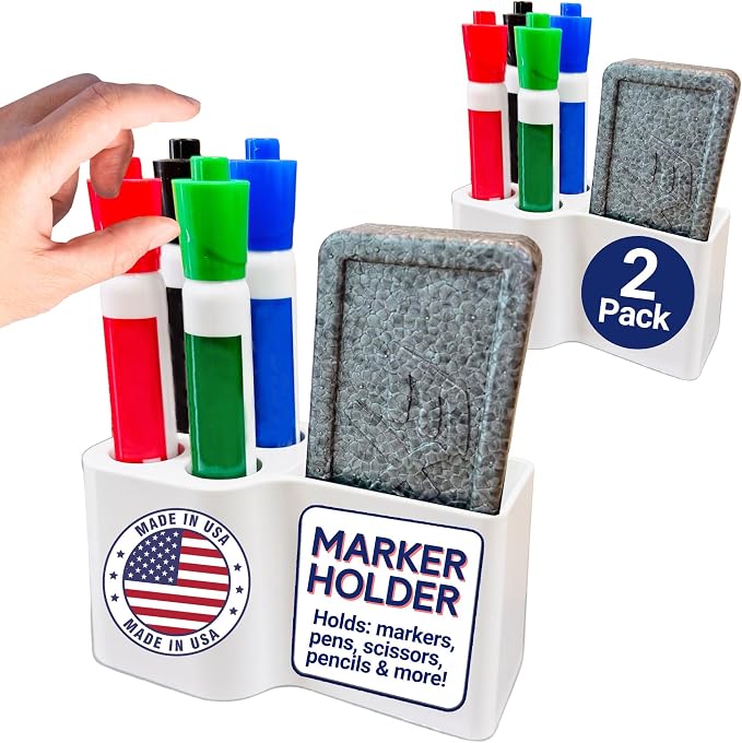 Whiteboard Marker Holder Magnetic - Dry Erase Marker Organizer with Adhesive Mount - Office Supplies Organizer for Classroom, School, Fridge - Made in USA, White 2 Pack