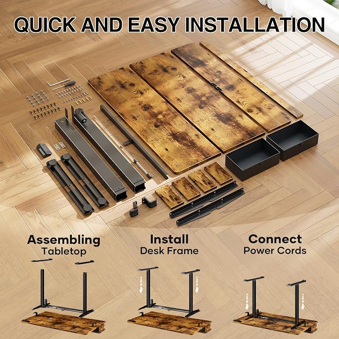Veken 63x28 in Electric Standing Desk with Drawers, Adjustable Table, Brown | Stand up Computer Desk for Home Office, Work & Study, with Storage, 3 Memory Presets, Cable Organizer, Hook, and Quiet Lift.