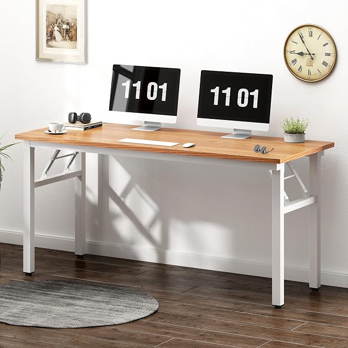 SogesHome 62 Inches Foldable Desk for Home Office, Large Compact Computer Table with Adjustable Leg Pads, No Assembly Needed Folding Writing Conference Desk Gaming Table for Small Spaces, Teak White