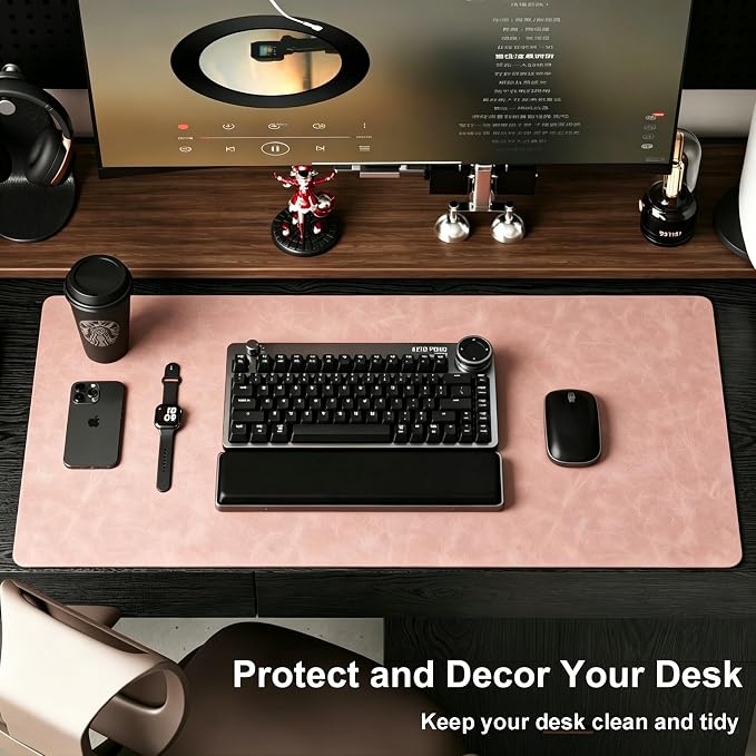 Distressed Leather Desk Mat - Non-Slip PU Leather Desk Pad Protector - Large Waterproof Mouse Pad Computer Keyboard Desk Mat Desk Accessories for Office & Home (Pink, 31.5"x 15.7")