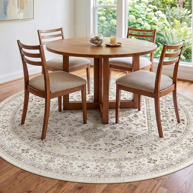 Puino 7FT Round Area Rug: Washable Oriental Circle Rugs Low Pile Soft Carpet with Non Slip Backing for Living Room Vintage Indoor Rug for Bedroom Kitchen Nursery Dining Room Home Office Beige/Gray
