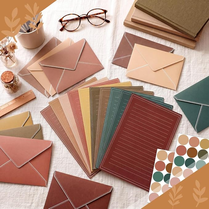TaoBary 160 Packs Stationery Paper Set (50 Double Sided Stationery Writing Papers 50 Matching Envelopes) 60 Round Dot Sticker, 10 Design(5.5 x 8.25 Inch,Bohemia Color)