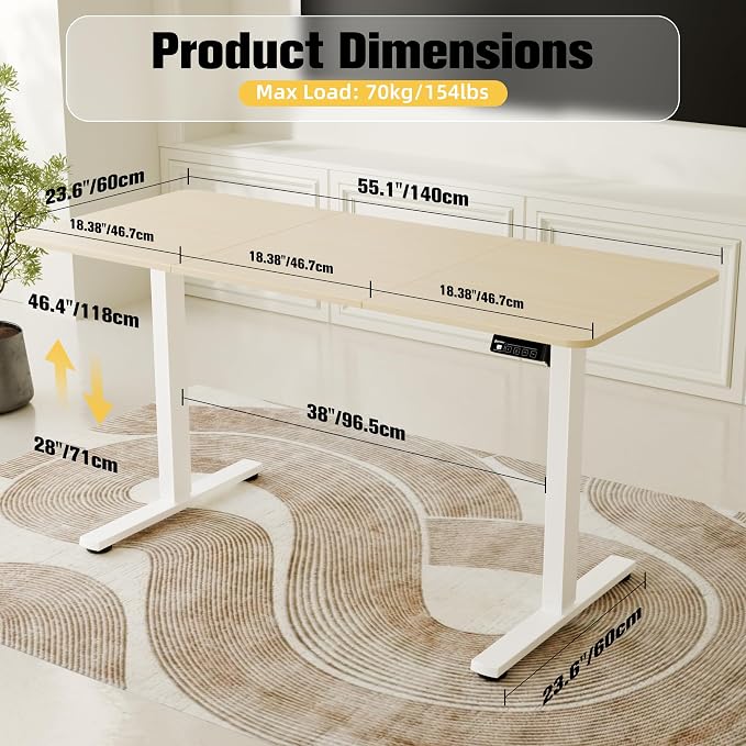 ERGOMAKER 55"x24" Standing Desk, Adjustable Sit-Stand Home Office, Oak | Electric Adjustable Standing Desk, Sit to Stand Computer Office Desk with Splice Board, Memory Preset, Lifts 28.7''-46.5"
