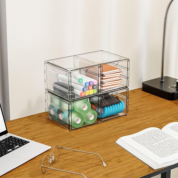 2 Pack Acrylic Storage Drawers With 4 Drawers,Stackable Desk Organizers and Makeup Organizer,Large Clear Office Supplies Organizer for Pen,Medical,Art Craft,Stationery Organizer for Countertop