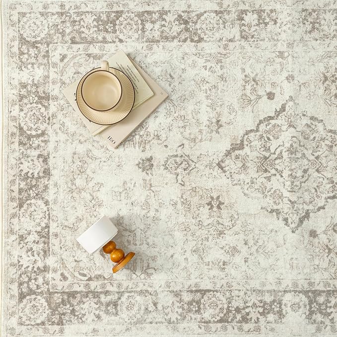 PureCozy 6x9 Area Rug Beige Washable Living Room Bedroom Carpet Vintage Distressed Large Non Slip Low Pile Thin Dining Room Home Office Medallion Accent Rug