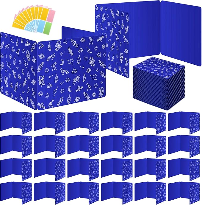 Blue 24-Pack Desk Dividers for Students, Space Style Plastic Study Carrel Divider, Durable Testing Dividers for Classroom Teacher Supplies, Easy to Clean Privacy Shield Folder Boards for Student Desk