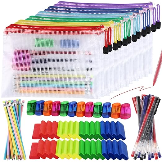 156 Pcs/12 Set Back to School Supplies Kit, Mesh Zipper Pouch Bags with Pencils, Erasers, Sharpeners, Pens – Bulk School Supplies for Classroom & Office Use