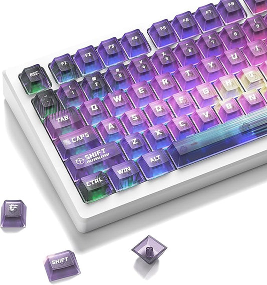 Retro Anime PC Keycaps - Cherry Profile Shine Through Keycaps, Custom Keyboard Key caps 60 65 75 100 Percent, 115 Keys Set for Cherry Gateron MX Switches Keyboards (Transparent Purple)