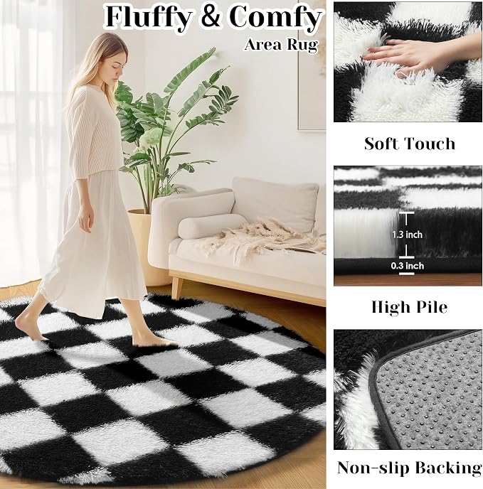 KICMOR Round Rugs 7ft Black and White Circle Area Rug, Fluffy Soft Large Fuzzy Shag Shaggy Bedroom Living Room Carpet, Indoor Checkered Circular Rug for Kids Boys Girls Home Decor Aesthetic, Nursery