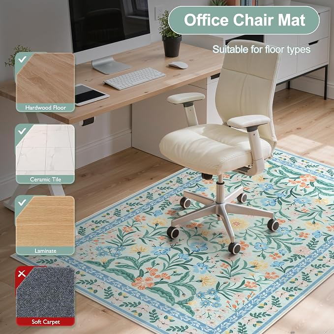 Anidaroel 48"x60" Office Chair Mat for Hardwood Floor/Tile, Anti-Slip Floral Floor Mat for Office Chair, Tea Green Desk Chair Mats for Hardwood, Low Pile Floor Protector for Rolling Chairs