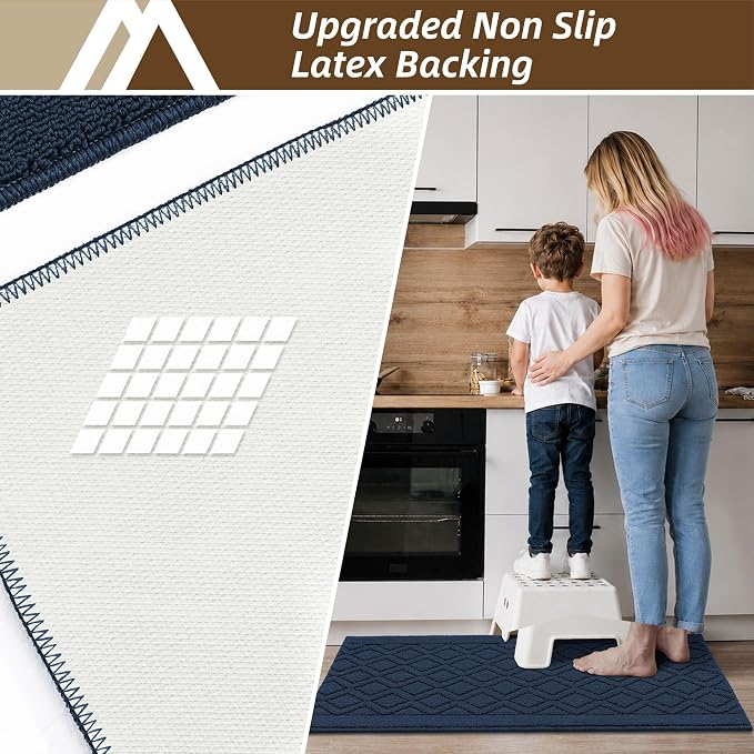 COSY HOMEER-Kitchen-Rugs-and-Mats 20"x48" Non Slip Kitchen Mats for Floor Absorbent Washable Kitchen Runner Standing Floor Mat for Sink Mat,Entry,Laundry,Polypropylene,Navy Blue