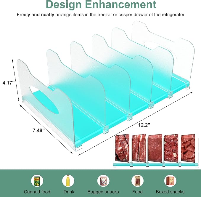 Freezer Organizer,12" Visible Fridge Organizer Rack with Removable Dividers | Freely Adjustable,Easy to Pull Out and Carry Handle, Fits Refrigerator Frozen Meals, Lunch Meat Box, Cheeses, Mint Green