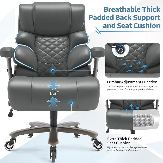 VUZI 700lbs Big and Tall Office Chair, Large Executive Leather Desk Chair | Adjustable Lumbar Support for Back Pain, Plus Size Wheels, 3D Flip Arms, Heavy Duty Metal Base, Wide Seat Computer Chair
