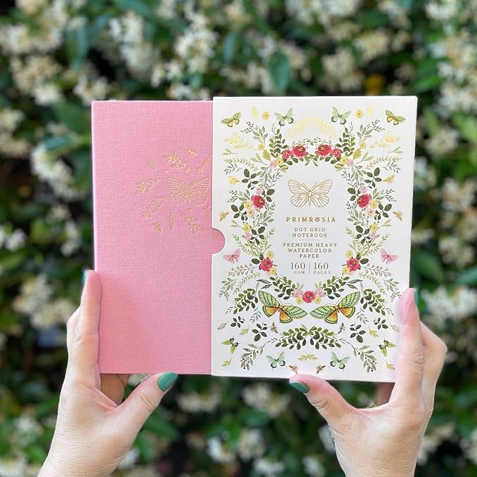 Primrosia A5 Dot Grid Watercolor Journal Notebook – 160 pages I 160gsm Premium Heavy Paper, No Bleed – Luxe Linen Hard Cover (Pink Butterfly)