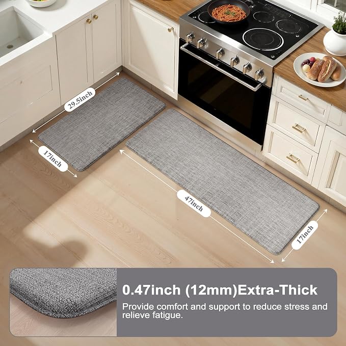 Collive Kitchen Mats Cushioned Anti Fatigue, Modern Abstrac Waterproof Kitchens Floor Mat Non Slip Sink Rug 2 Piece, Comfort Desk Standing Rugs for Office, Laundry, 17"x29"+17"x47", Light Grey