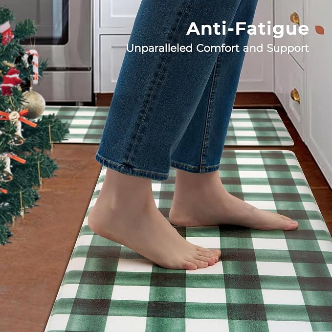 FRESHMINT Modern Farmhouse Plaid 2 Piece Set Kitchen Mats for Floor Anti Fatigue Waterproof & Non-Skid Kitchen Rugs Cushioned Kitchen Mat for Standing Washable Comfort Desk Kitchen Runners