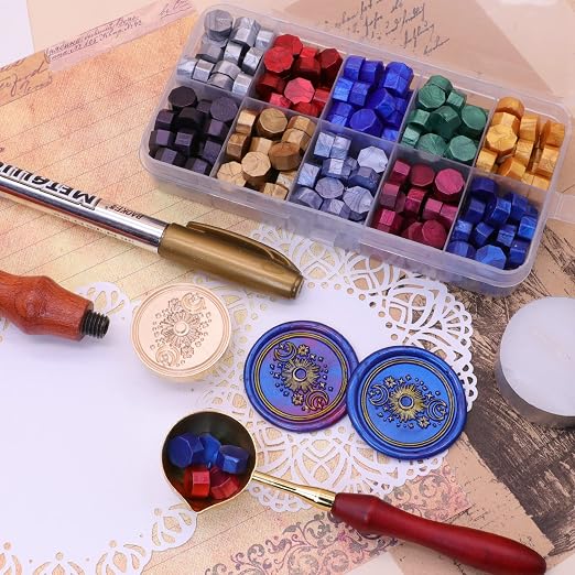 SWANGSA Sun and Moon Wax Seal Stamp Kit with 200pcs Sealing Wax Beads, Great for Embellishment of Invitations, Christmas, Wine Packages, Gift Idea