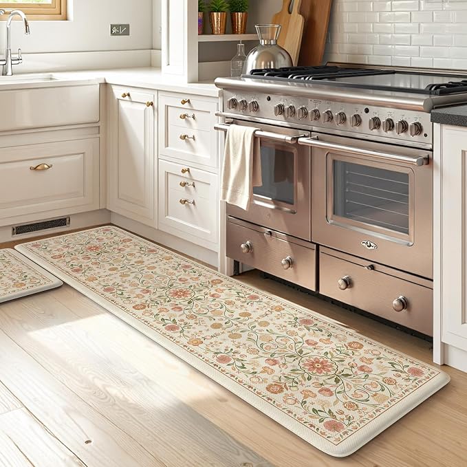 KIMODE Cushioned Kitchen Floor Mats Cushioned Anti Fatigue,Farmhouse Boho Floral Kitchen Runner Rug 2 Piece,Long Memory Foam Standing Carpet for Laundry Sink Office,Beige